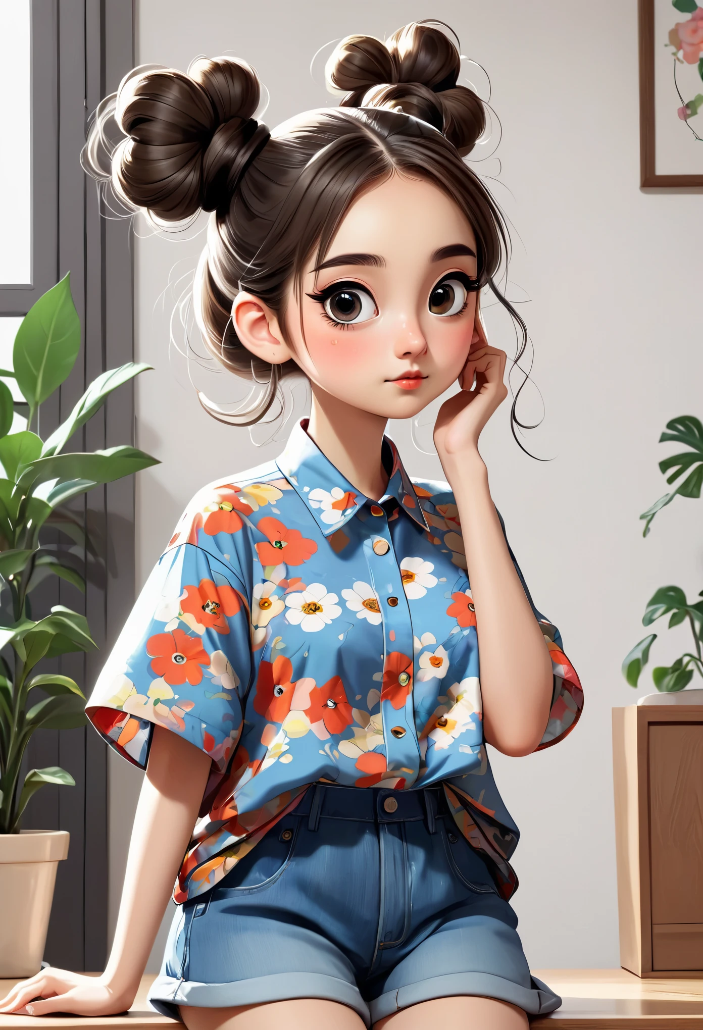 (masterpiece, best quality:1.2), cartoonish character design。1 girl, alone，big eyes，Cute expression，Two hair buns，Floral shirt，work clothes，white sneakers，stand，interesting，interesting，Clean lines