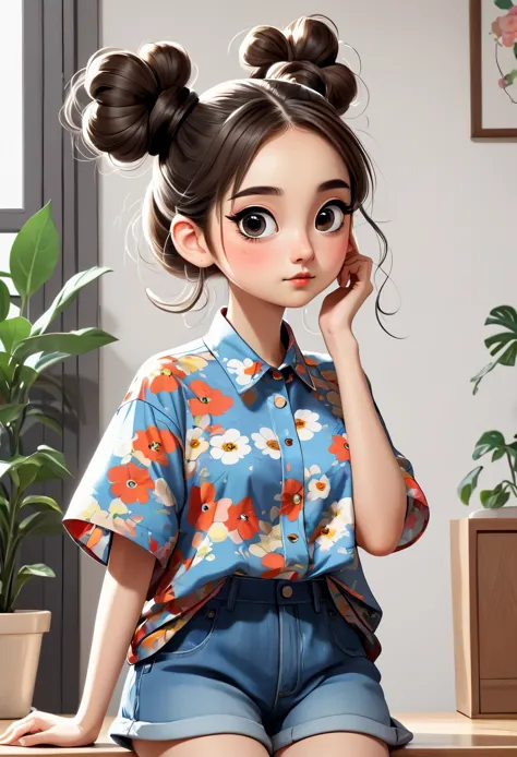 (masterpiece, best quality:1.2), cartoonish character design。1 girl, alone，big eyes，Cute expression，Two hair buns，Floral shirt，w...