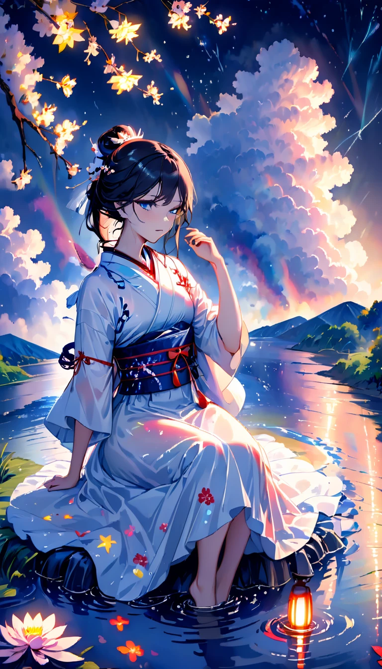 beautiful woman，Full body soaked in water，８head and body，Japanese clothing，night，月night，The clouds are rainbow-colored，Fine stars，wet skin，sexy，Sadness，glossy，Sit on the water，water splash on background，water dripping，Eye color is indigo，take your eyes off，firefly light