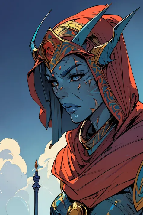 woman crusader, detailed vibrant armor, ((elegant headdress over hood)), blue skin, ((scars around mouth)), fantasy, SCI-FI, mus...