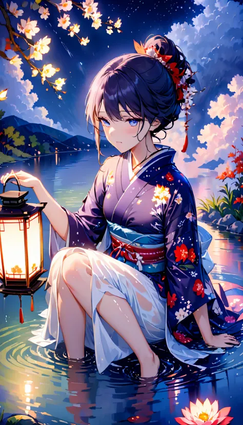 beautiful woman，full body soaked in water，８head and body，japanese clothing，night，月night，the clouds are rainbow-colored，fine star...