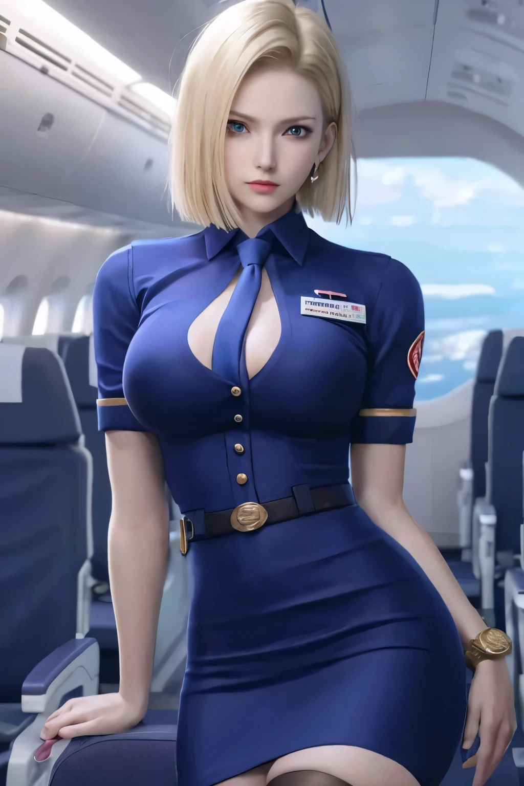 Android 18,Close-up of woman wearing clothes on plane, Charming Jill Valentine, Realistic anime 3D style, better known as Amaranth, cute pilot girl, pilot girl, perfect android girl, Beautiful charming anime woman, seductive anime girl, blue, Amaranth, surreal anime, pilot clothing, heroine 👀 :8