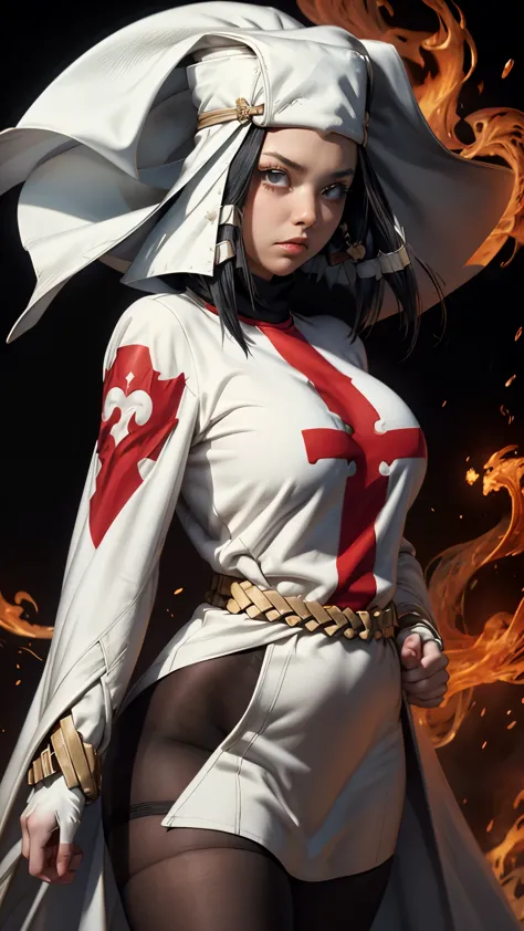 Arrow, Fire Force, masterpiece, best quality,  ffarrow, white headwear, red and white dress, long black sleeves, black pantyhose...