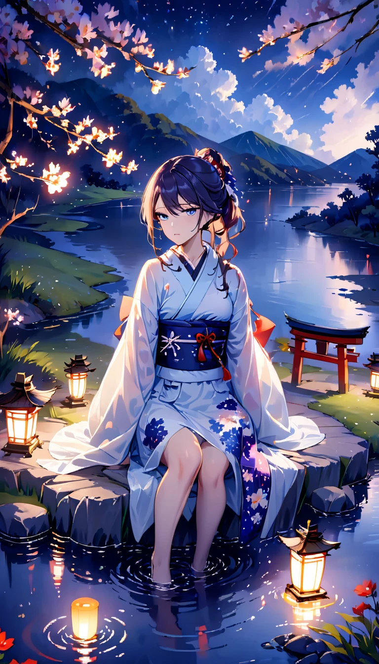 beautiful woman，Full body soaked in water，８head and body，Japanese clothing，night，月night，Clouds purple and blue，Fine starry sky，wet skin，sexy，Sadness，glossy，Sit on the water，water splash on background，water dripping，The kimono is transparent，Eye color is indigo，take your eyes off，firefly light，A lantern floating on the water，Lights scattered in the background，Shrine in the background