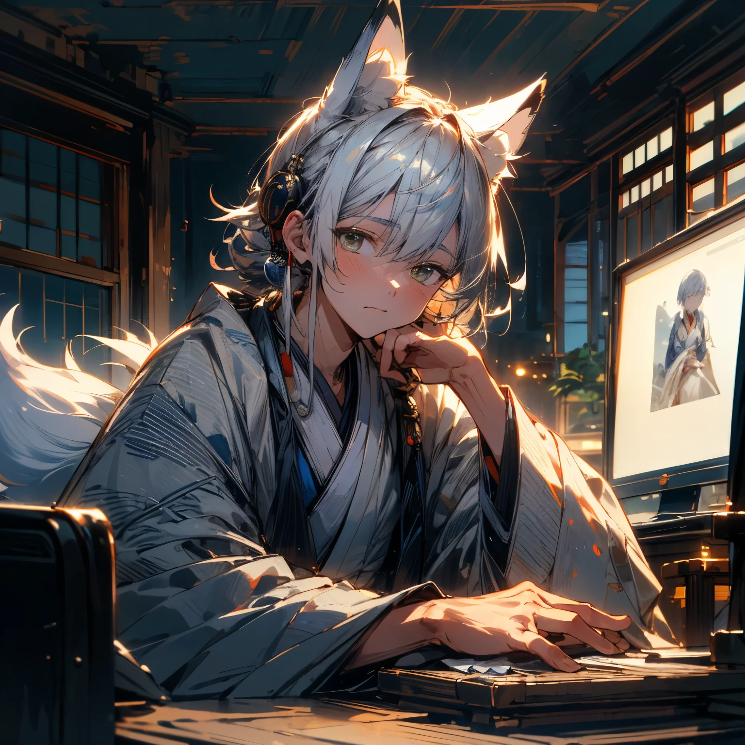 ((highest quality)), ((masterpiece)), (be familiar with), perfect face ((highest quality)), ((masterpiece)), high resolution、
 #Kyoto old folk house　The time is morning　 #A handsome boy working　Silver-coloured kimono、silver hair、silver fox with ears、Silver fox tail、earphone、Working while looking at a computer