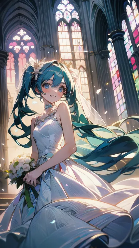 hatsune Miku, billowing wedding dress, serene smile, church
