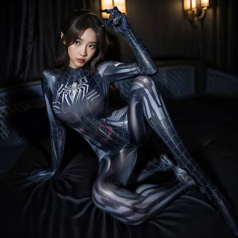a woman in a spider - man suit sitting on a black surface, a picture inspired by Leng Mei, tumblr, art nouveau, ( ( spiderwoman ...