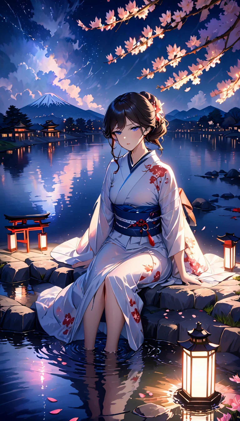 beautiful woman，Full body soaked in water，８head and body，Japanese clothing，night，月night，Clouds purple and blue，Fine starry sky，wet skin，sexy，Sadness，glossy，Mature sex appeal，Sit on the water，water splash on background，water dripping，The kimono is transparent，Eye color is indigo，take your eyes off，Detailed facial expressions，firefly light，A lantern floating on the water，Lights scattered in the background，Japan shrine in the background，night桜，Cherry blossom petals on the water surface，White lotus flower on the water surface