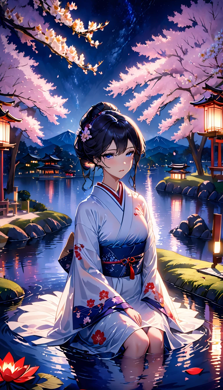 beautiful woman，Full body soaked in water，８head and body，Japanese clothing，night，月night，Clouds purple and blue，Fine starry sky，wet skin，sexy，Sadness，glossy，Mature sex appeal，Sit on the water，water splash on background，water dripping，The kimono is transparent，Eye color is indigo，take your eyes off，Detailed facial expressiony eyes are sparkling，firefly light，A lantern floating on the water，Lights scattered in the background，Japan shrine in the background，night桜，Cherry blossom petals on the water surface，White lotus flower on the water surface，flower lantern