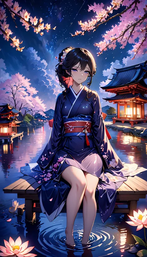 beautiful woman，Full body soaked in water，８head and body，Japanese clothing，night，月night，Clouds purple and blue，Fine starry sky，w...