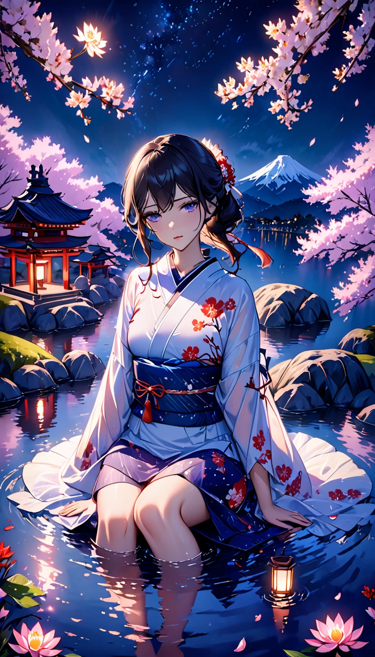 Belle femme，Corps entier trempé dans l&#39;eau，８Tête et corps，vêtements japonais，nuit，月nuit，Nuages violets et bleus，Beau ciel étoilé，peau mouillée，Sexy，Les vêtements collent à la peau，TRISTESSE，brillant，Sex-appeal mature，Asseyez-vous sur l&#39;eau，éclaboussure d&#39;eau sur fond，Gouttes d&#39;eau，Le kimono est transparent，La couleur des yeux est indigo，détourne les yeux，Les yeux expressifs du visage détaillés sont étincelants，lumière luciole，Une lanterne flottant sur l&#39;eau，Lumières dispersées en arrière-plan，Sanctuaire du Japon en arrière-plan，nuit桜，Pétales de fleurs de cerisier à la surface de l&#39;eau，Fleur de lotus blanche à la surface de l&#39;eau，Lanterne fleurie