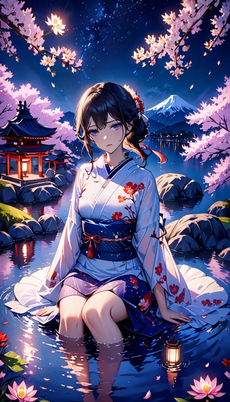 beautiful woman，Full body soaked in water，８head and body，Japanese clothing，night，月night，Clouds purple and blue，Fine starry sky，w...