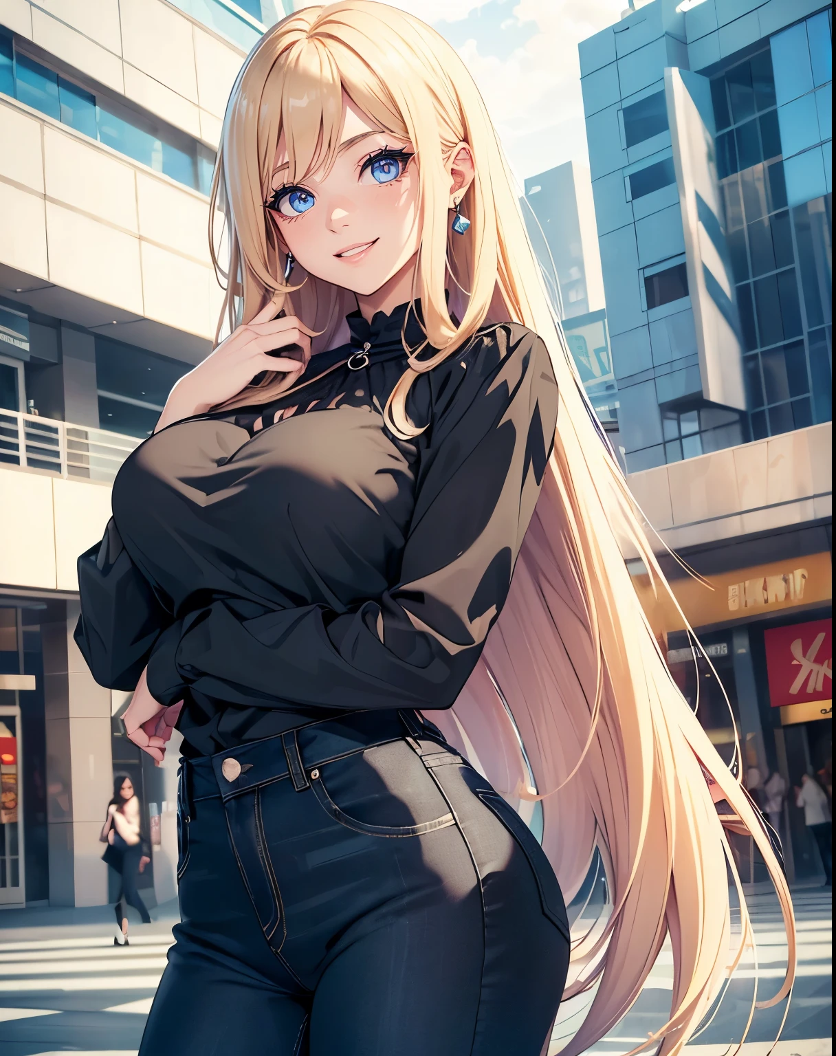 Anime girl with long blonde hair and blue eyes posing in front of a  building - SeaArt AI