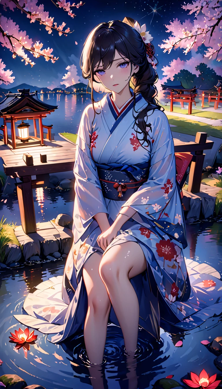 beautiful woman，Full body soaked in water，８head and body，Japanese clothing，night，月night，Clouds purple and blue，Fine starry sky，wet skin，sexy，The clothes stick to the skin，Sadness，Attractive，Mature sex appeal，Sit on the water，water splash on background，water dripping，The kimono is transparent，Eye color is indigo，take your eyes off，Detailed facial expressiony eyes are sparkling，firefly light，A lantern floating on the water，Lights scattered in the background，Japan shrine in the background，night桜，Cherry blossom petals on the water surface，White lotus flower on the water surface，flower lantern