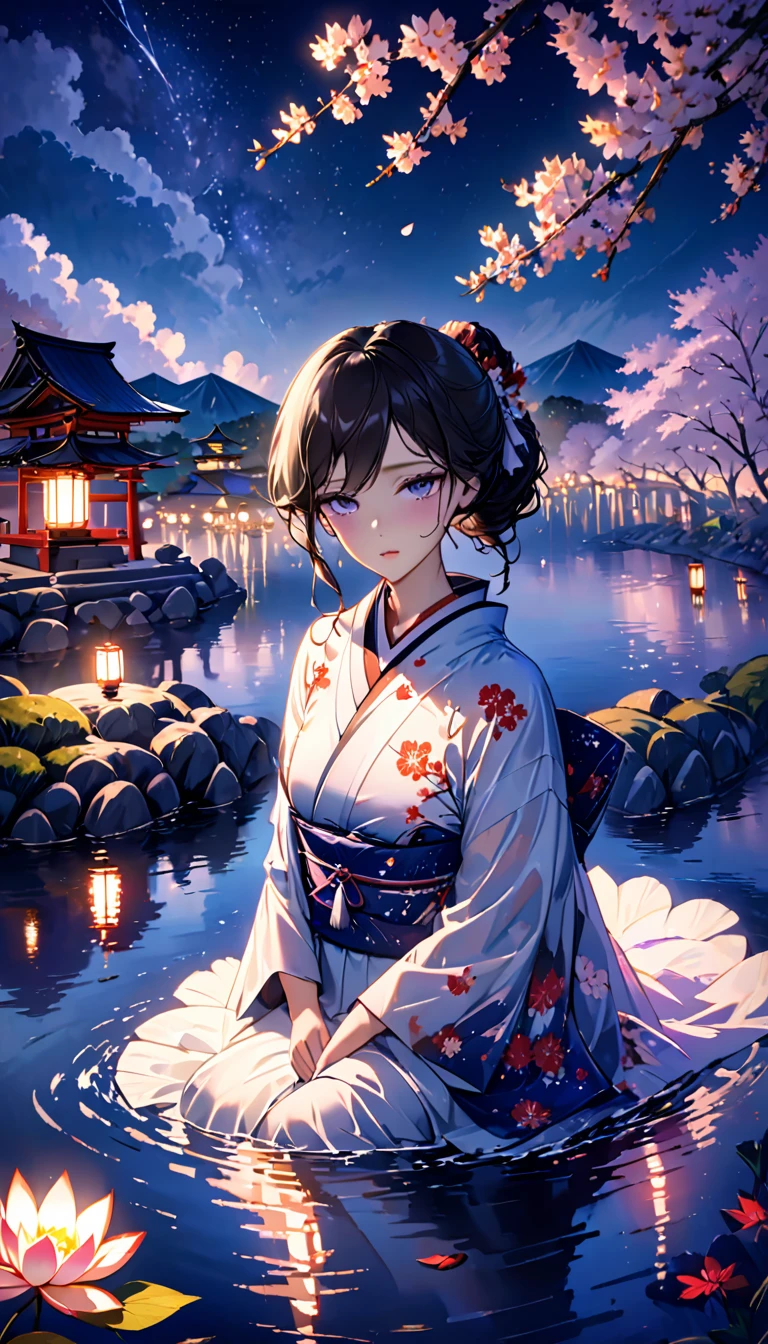 beautiful woman，Full body soaked in water，８head and body，Japanese clothing，night，月night，Clouds purple and blue，Fine starry sky，wet skin，sexy，The clothes stick to the skin，Sadness，Attractive，Mature sex appeal，Sit on the water，water splash on background，water dripping，The kimono is transparent，Eye color is indigo，take your eyes off，Detailed facial expressiony eyes are sparkling，firefly light，A lantern floating on the water，Lights scattered in the background，Japan shrine in the background，night桜，Cherry blossom petals on the water surface，White lotus flower on the water surface，flower lantern