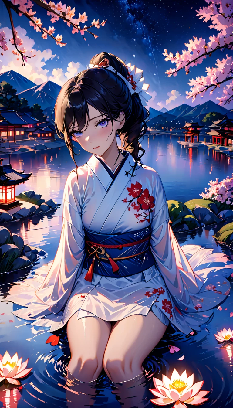 beautiful woman，Full body soaked in water，８head and body，Japanese clothing，night，月night，Clouds purple and blue，Fine starry sky，wet skin，sexy，The clothes stick to the skin，Sadness，Attractive，Mature sex appeal，Sit on the water，water splash on background，water dripping，The kimono is transparent，Eye color is indigo，take your eyes off，Detailed facial expressiony eyes are sparkling，firefly light，A lantern floating on the water，Lights scattered in the background，Japan shrine in the background，night桜，Cherry blossom petals on the water surface，White lotus flower on the water surface，flower lantern