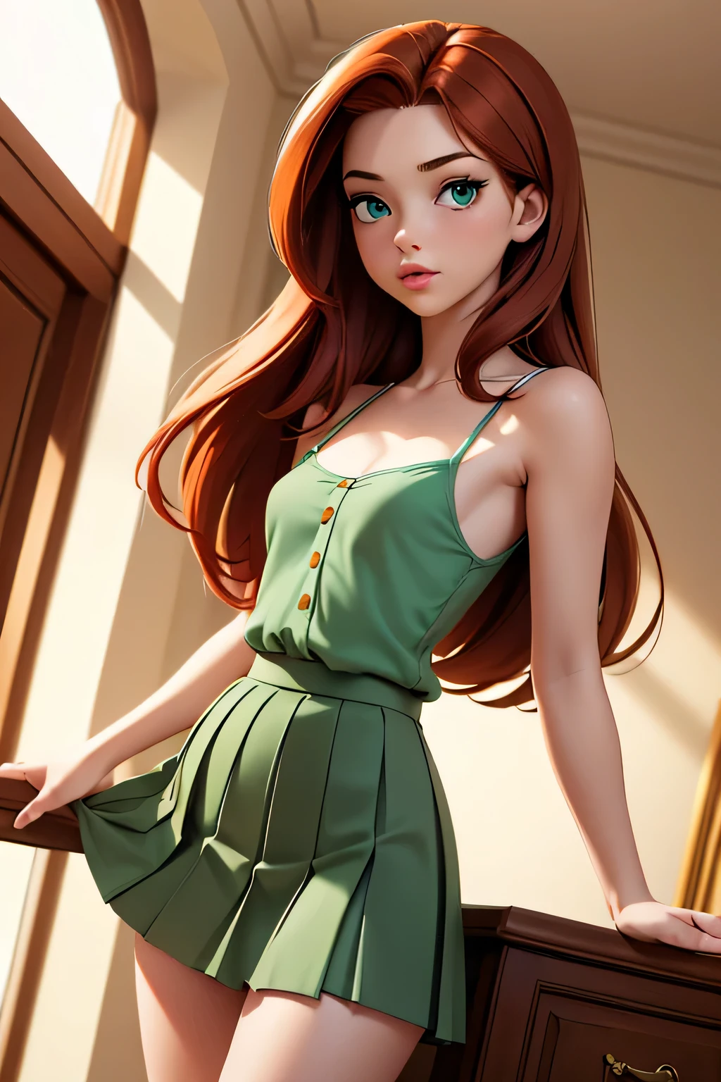 ((Masterpiece)) ((Beautiful)) ((Realistic)) ((Small Breasts)) ((Wide Hips)) ((Auburn Hair)) ((Long Hair)) ((Pale Skin)) ((Green Eyes)) ((Button Nose)) ((Full Lips)) ((Low Cut Camisole)) ((Pleated Skirt)) ((Round Face)) ((Young Woman)) ((High Angle)) ((upscale apartment)) ((Natural Lighting)) Standing Split
