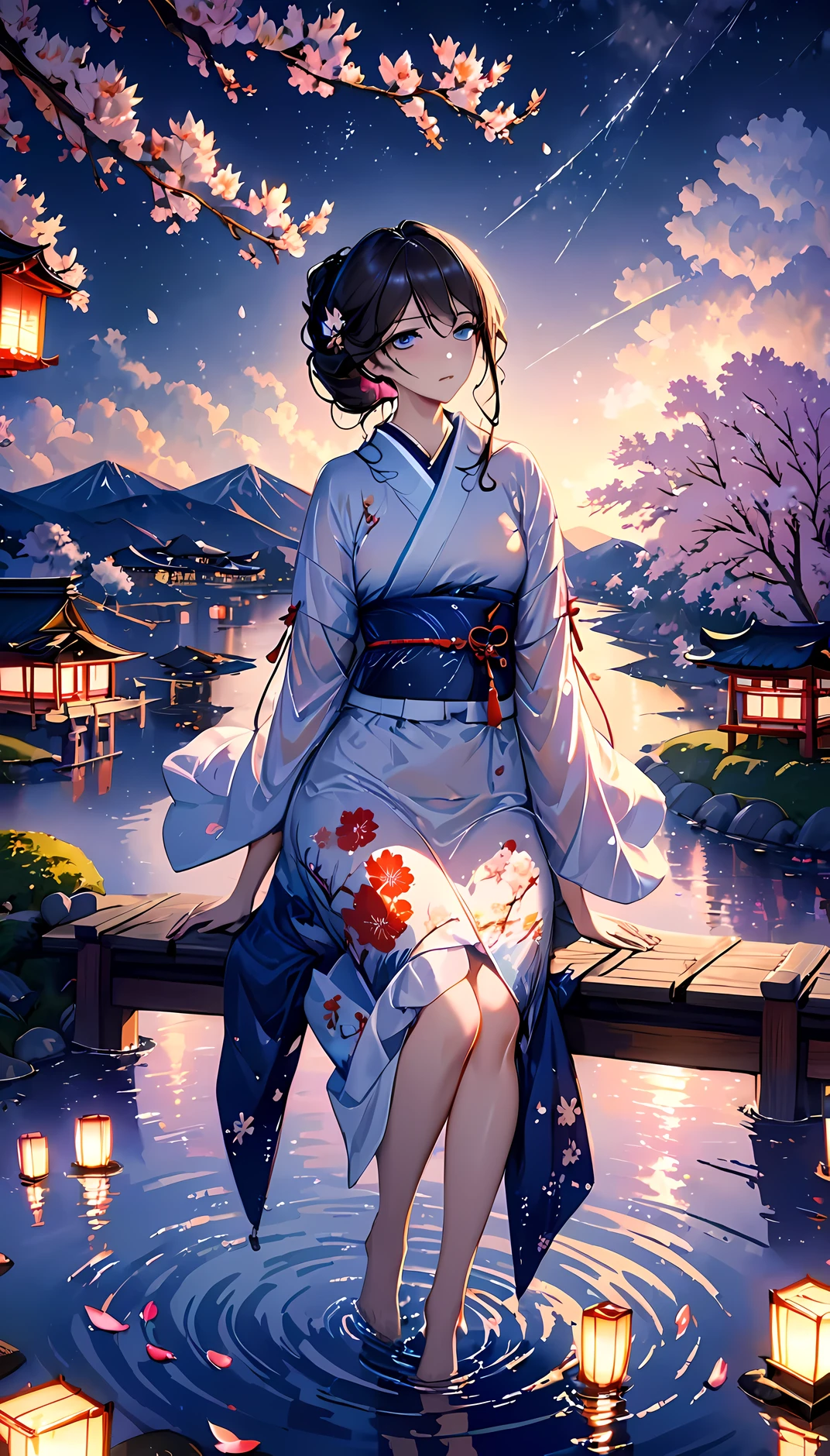 beautiful woman，Full body soaked in water，８head and body，Japanese clothing，night，moon night，Clouds purple and blue，Fine starry sky，wet skin，sexy，The clothes stick to the skin，Sadness，Attractive，Mature sex appeal，Sit on the water，water splash on background，water dripping，The kimono is transparent，Eye color is indigo，take your eyes off，Detailed facial expressiony eyes are sparkling，firefly light，A lantern floating on the water，Lights scattered in the background，Japan shrine in the background，night cherry blossoms，Cherry blossom petals on the water surface，White lotus flower on the water surface，flower lantern