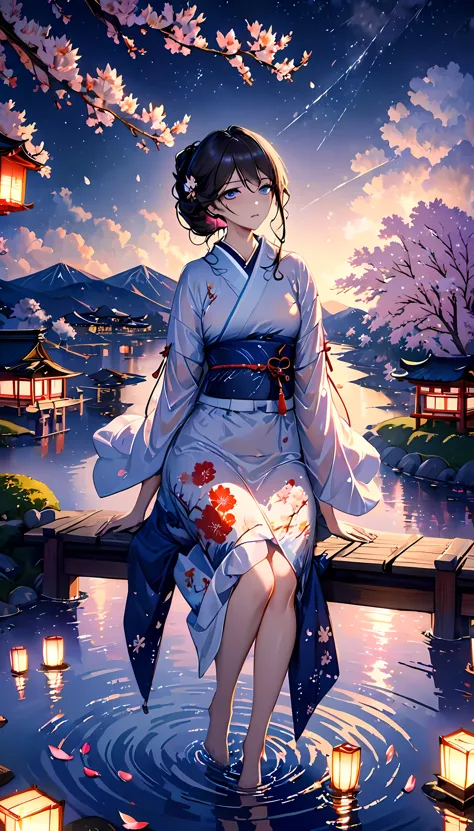 beautiful woman，Full body soaked in water，８head and body，Japanese clothing，night，moon night，Clouds purple and blue，Fine starry s...