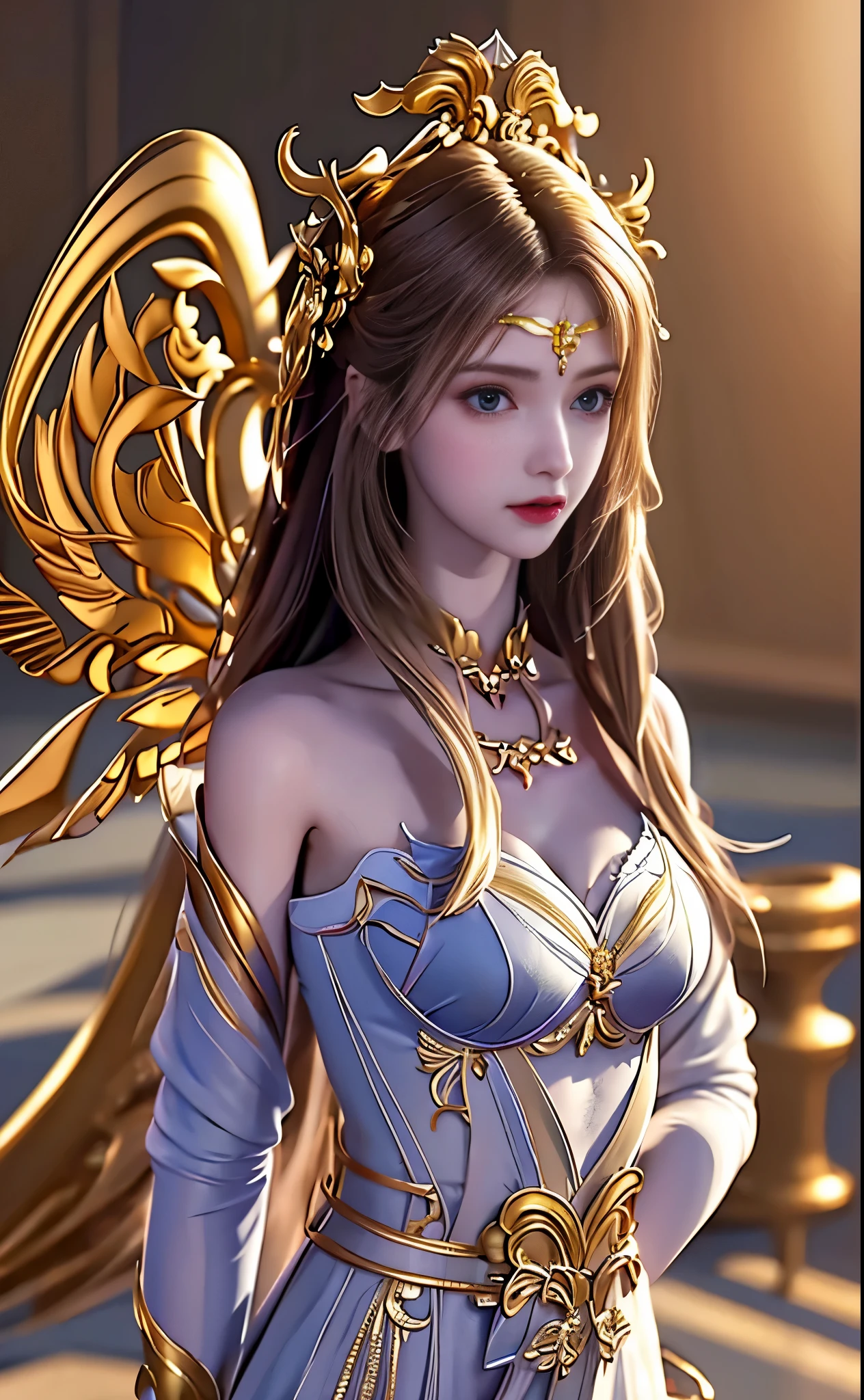 ((masterpiece, best quality;1.3)), ultra - detailed，plethora of colors，extremely detailed and beautiful background，1girl，solo，highly detailed beautiful face，beautiful  face，Angelic，Detailed angel costume in gold，Wings Angel，feater，Fantasy landscape，epic,The sword,holdingsword,undefined,Qiancheng Xue,Clear belly pocket，Erotic lingerie，with hands behind her back