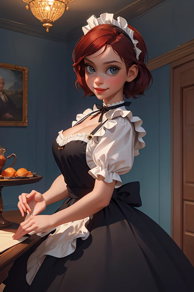 A pretty maid. best quality, masterpiece, red hair, sky blue eyes, wearing a steriotypical French maid outfit, (headdress、white blouse、black ribbon、White Apron、ruffle skirt、puff sleeves、collar、choker、apron with fine ruffles：1.3)、black maid costume). looking up, upper body,hair strand,Fair skin, Large chest,. Adorable, mature Woman,detailed big-eyed woman, round face. promenent red lips. Smileing,In the mansion library, large ass, Picture from the side,looking at the scenes, intense colors, Very valuable details, complex details, volumetric lighting, digital art, 8k, trending on Artstation, Clear focus, complex details, highly detail, Greg Rutkowski Big Eyes, high-resolution, red hair. Elle Bamber., attractive chest, .Photorealistic. Confidence, self esteem, assertiveness, dominance. wide Amused smile. Sultry expression. , Cleavage. Perky bosum.
