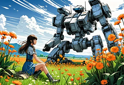 Anime line art, anime girl collects beautiful flowers in the field, next to her is guarded by a large high-tech combat Mech sitting in a clearing, line art, Anime line art