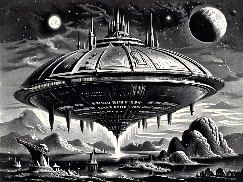 uma nave espacial, 1960s Science Fiction TV series style, design fora do comum, escala de cinza,monochrome,arte de llbreton,  