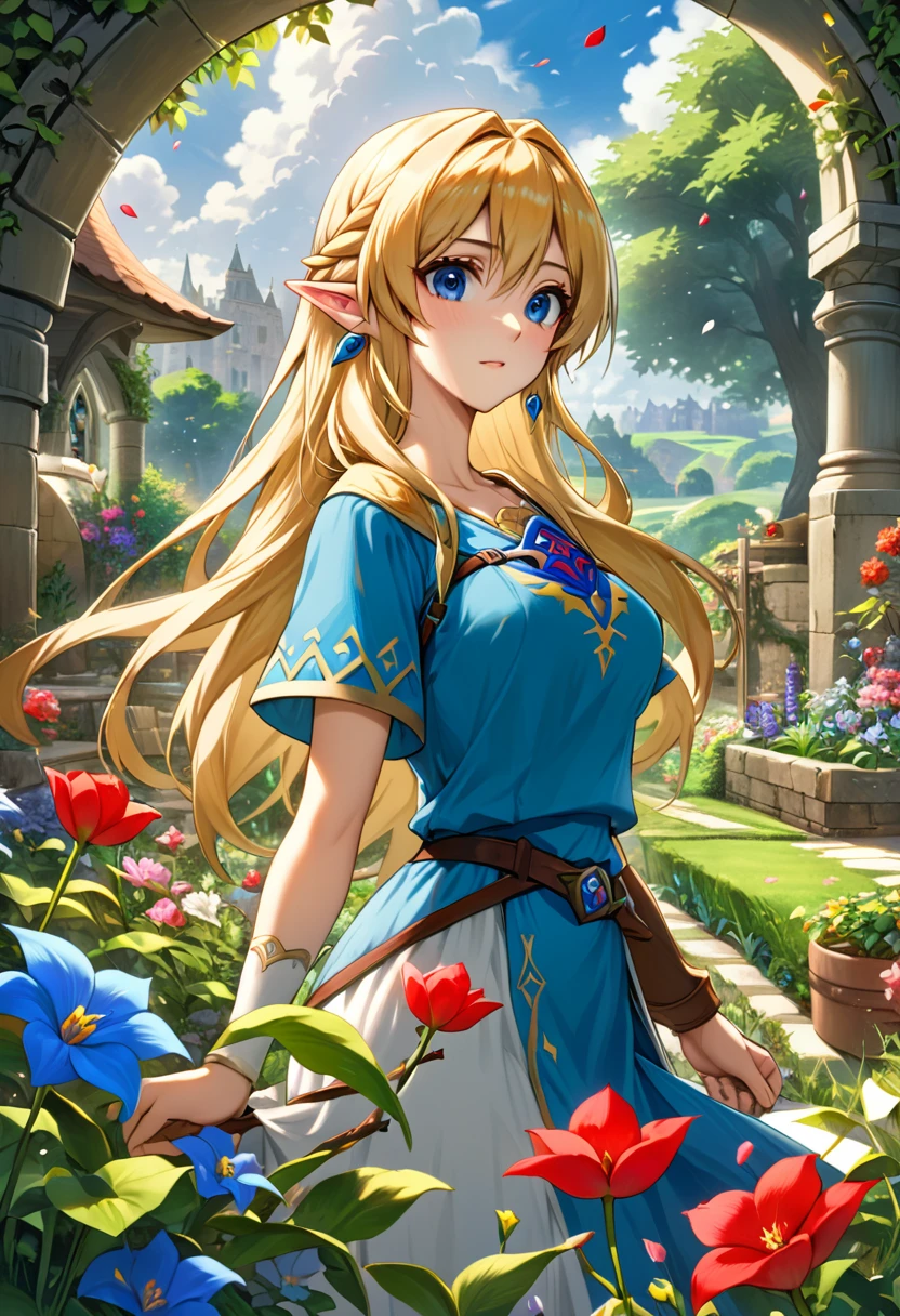 absurdres, highres, ultra detailed, HDR, masterpiece, Zelda, blond long hair, elf, expressive dark blue eyes, 1woman, extremely beautiful, The legend of zelda ocarina of time, garden, petals, flowers