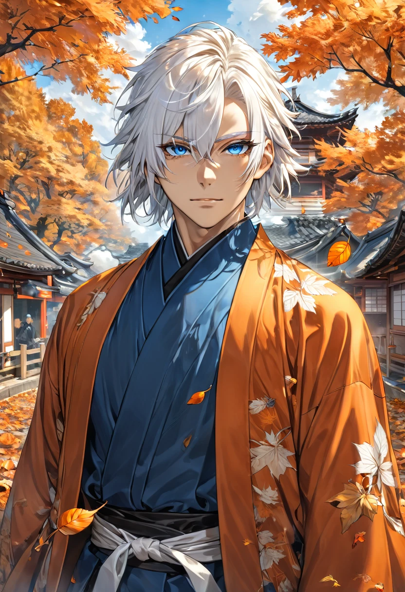 absurdres, highres, ultra detailed, HDR, masterpiece, Gojo Satoru, white hair with bangs, white eyelashes, expressive blue eyes, 1man, extremely handsome, Jujutsu Kaisen, orange leaves, autumn, flowers