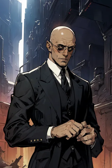 man with round sunglasses, bald, in a suit and tie, SCI-FI, fantasy, in the style of    Kentaro Miura, 