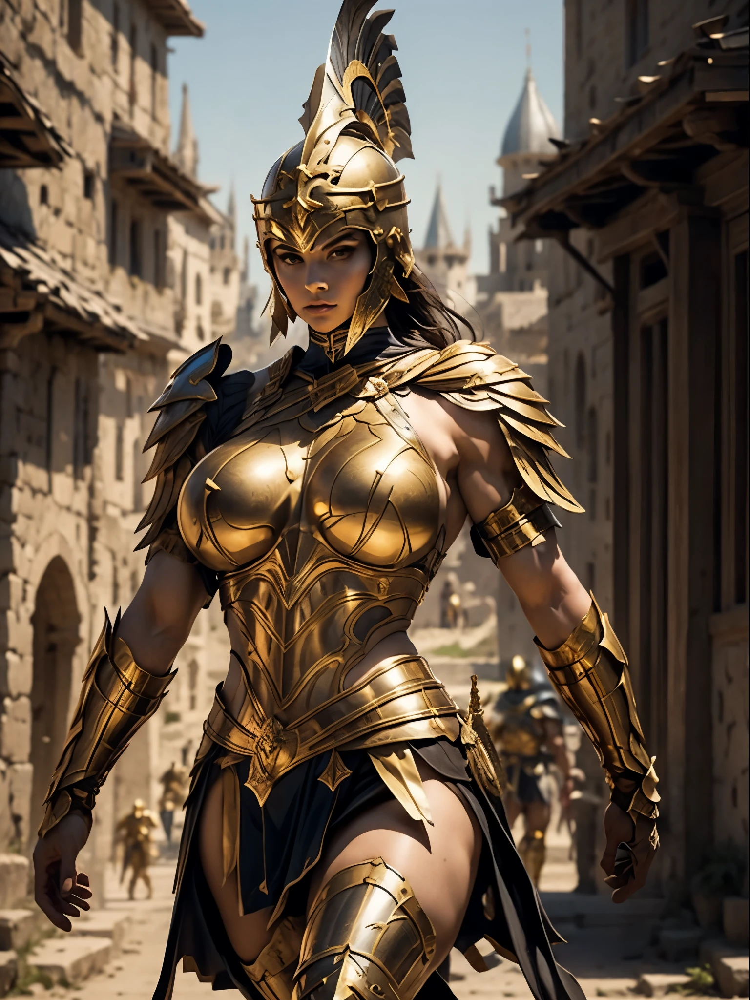 身穿金色希臘盔甲的美麗女戰士, 烏黑的頭髮, 重裝步兵頭盔, 肌肉發達的, 巨大的裸體乳房, 我看著觀眾, 前景, 模特兒拍攝姿勢, 傑作, 最好的品質, 八千, 模糊的背景, 背景中的中世紀奇幻城堡