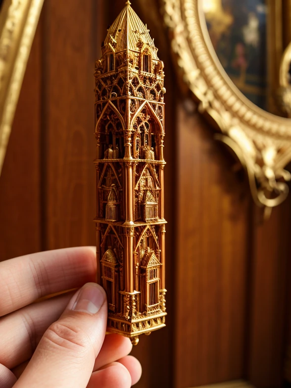 A stunning sculpture carved into a wooden pencil, showcasing an array of intricate details. The pencil features miniature human figures, each engaged in their own unique activities, bringing the scene to life. The figures are surrounded by ornate architectural elements and decorative motifs, reminiscent of diverse artistic styles and cultural traditions. The exceptional level of detail and craftsmanship in this tiny pencil sculpture is truly remarkable, leaving the viewer in awe.

