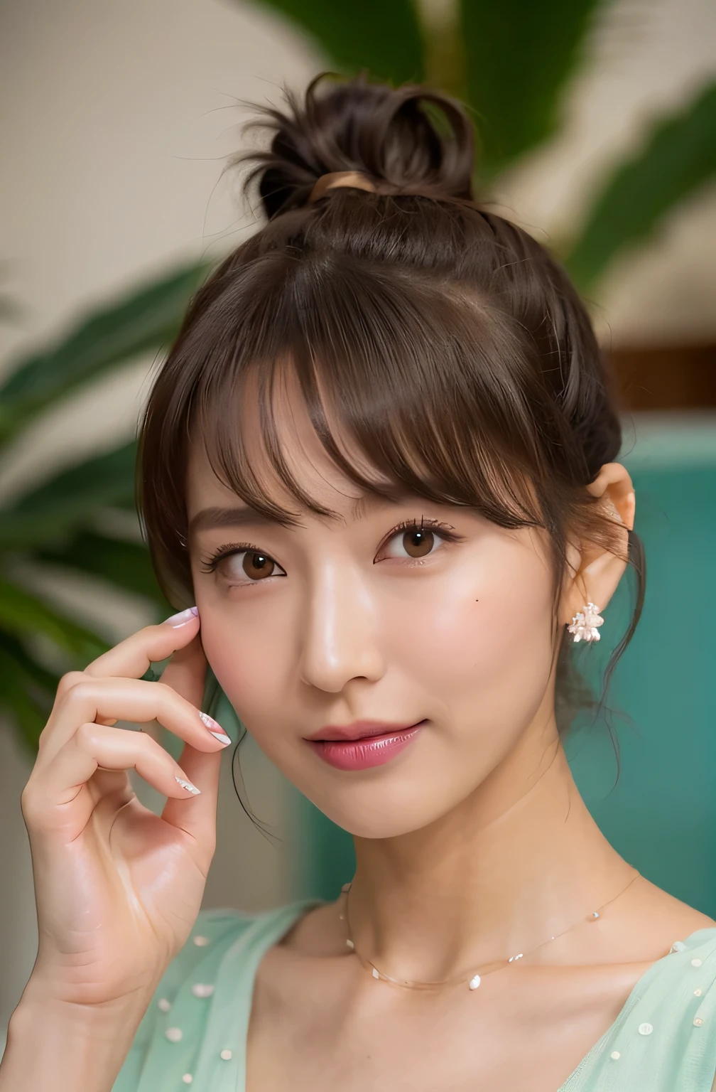 (highest quality, 4k, masterpiece :1.3), 
sharp focus, shallow depth of field, Bright colors, professional level, 
20-year-old, 1 person, (Half Japanese and German woman）, The face of a famous Japanese actress, 
Supple body :1.3, model body shape:1.5, perfect style：1.4, 
narrow shoulders, beautiful clavicle, long and thin legs, 
delicate body shape, The beauty of slim abs :1.2, thin waist :1.2, 
super detailed skin, Fair skin, Shiny skin, super detailed face, 
slim facial contour, beautiful small face, Beautiful lined nose, 
super detailed eyes, long slit eyes, brown eyes, double eyelid, Beautiful thin eyebrows, fine long eyelashes, 
super detailed lips, plump lips, glossy pink lips, flushed cheeks, beautiful teeth, 
Beautiful actress&#39;s ennui makeup, pink lipstick, 
dark brown hair, delicate soft hair, 
(hair up, medium short hair, ponytail:1.2), 
layer cut, (dull bangs:1.2), 
(stylish looking earrings,necklace,bracelet,shiny nail art:1.2), 
cute smile, open mouth half way, Enchanted expression, ((Staring at the viewer)), 
(((photorealism,Shoot the whole body from the thighs:1.5))), ((The body is facing sideways)), 
Photographed directly from the front, dynamic lighting, 

(Dress up in a tight green polka dot bathrobe:1.2), 

((The crystal clear waters of a tropical resort, Immerse yourself in water up to your waist:1.2)), 
The midsummer sun shines on the whole, 
