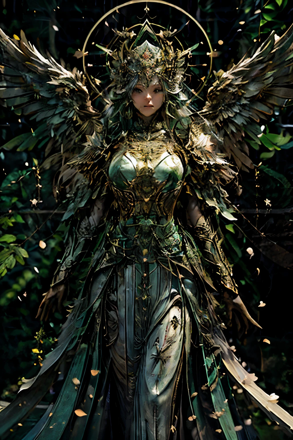 angel of health, detailed masterpiece, organic green armor, made with very big leaves, mint, rue, ambrosias, rosmery, holds and show in her left hand a long and mystical staff of natural wood, radiates a bright green light at the tip, background showing a great circular geometric diagram , More Detail, 4k, perfect face, front view