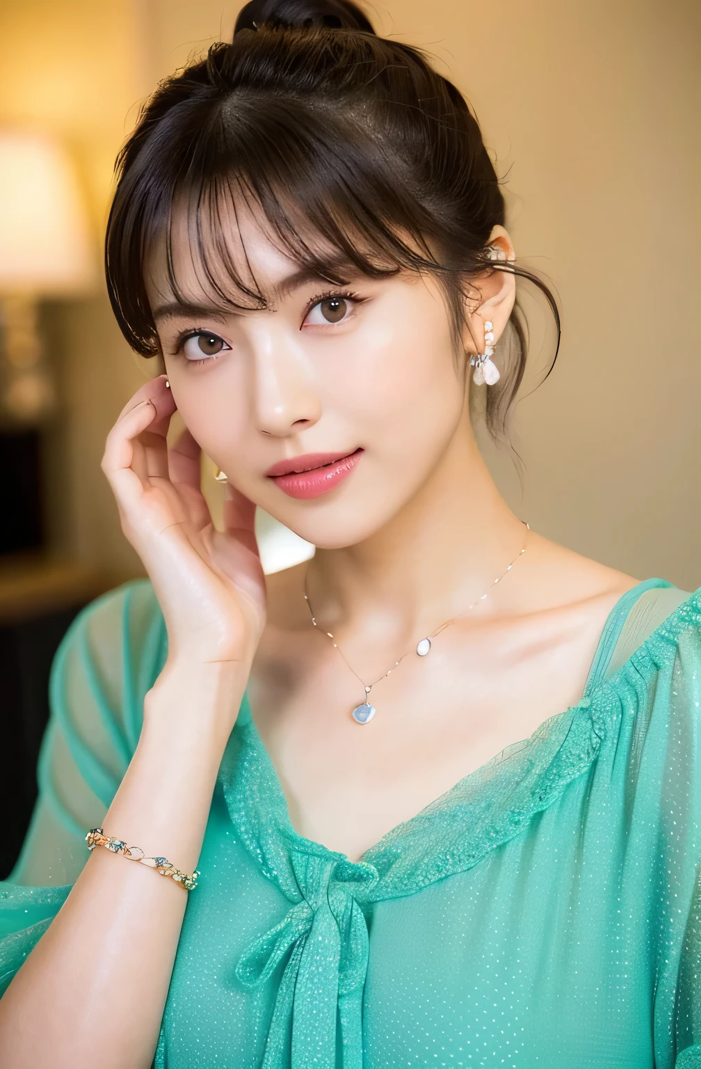 (highest quality, 4k, masterpiece :1.3), 
sharp focus, shallow depth of field, Bright colors, professional level, 
20-year-old, 1 person, (Half Japanese and German woman）, The face of a famous Japanese actress, 
Supple body :1.3, model body shape:1.5, perfect style：1.4, 
narrow shoulders, beautiful clavicle, long and thin legs, 
delicate body shape, The beauty of slim abs :1.2, thin waist :1.2, 
super detailed skin, Fair skin, Shiny skin, super detailed face, 
slim facial contour, beautiful small face, Beautiful lined nose, 
super detailed eyes, long slit eyes, brown eyes, double eyelid, Beautiful thin eyebrows, fine long eyelashes, 
super detailed lips, plump lips, glossy pink lips, flushed cheeks, beautiful teeth, 
Beautiful actress&#39;s ennui makeup, pink lipstick, 
dark brown hair, delicate soft hair, 
(hair up, medium short hair, ponytail:1.2), 
layer cut, (dull bangs:1.2), 
(stylish looking earrings,necklace,bracelet,shiny nail art:1.2), 
cute smile, open mouth half way, Enchanted expression, ((Staring at the viewer)), 
(((photorealism,Shoot the whole body from the thighs:1.5))), ((The body is facing sideways)), 
Photographed directly from the front, dynamic lighting, 

(Dress up in a tight green polka dot bathrobe:1.2), 

((The crystal clear waters of a tropical resort, Immerse yourself in water up to your waist:1.2)), 
The midsummer sun shines on the whole, 