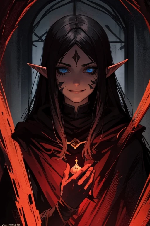 Dark, Creepy cultist, 1,000 Year old, elf, low dim lighting, dark chamber, smirk, blood on her face, cultist markings,