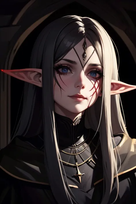 Dark, Creepy, 1,000 Year old, elf slut, low dim lighting, dark chamber, smirk, blood on her face, cultist markings,
