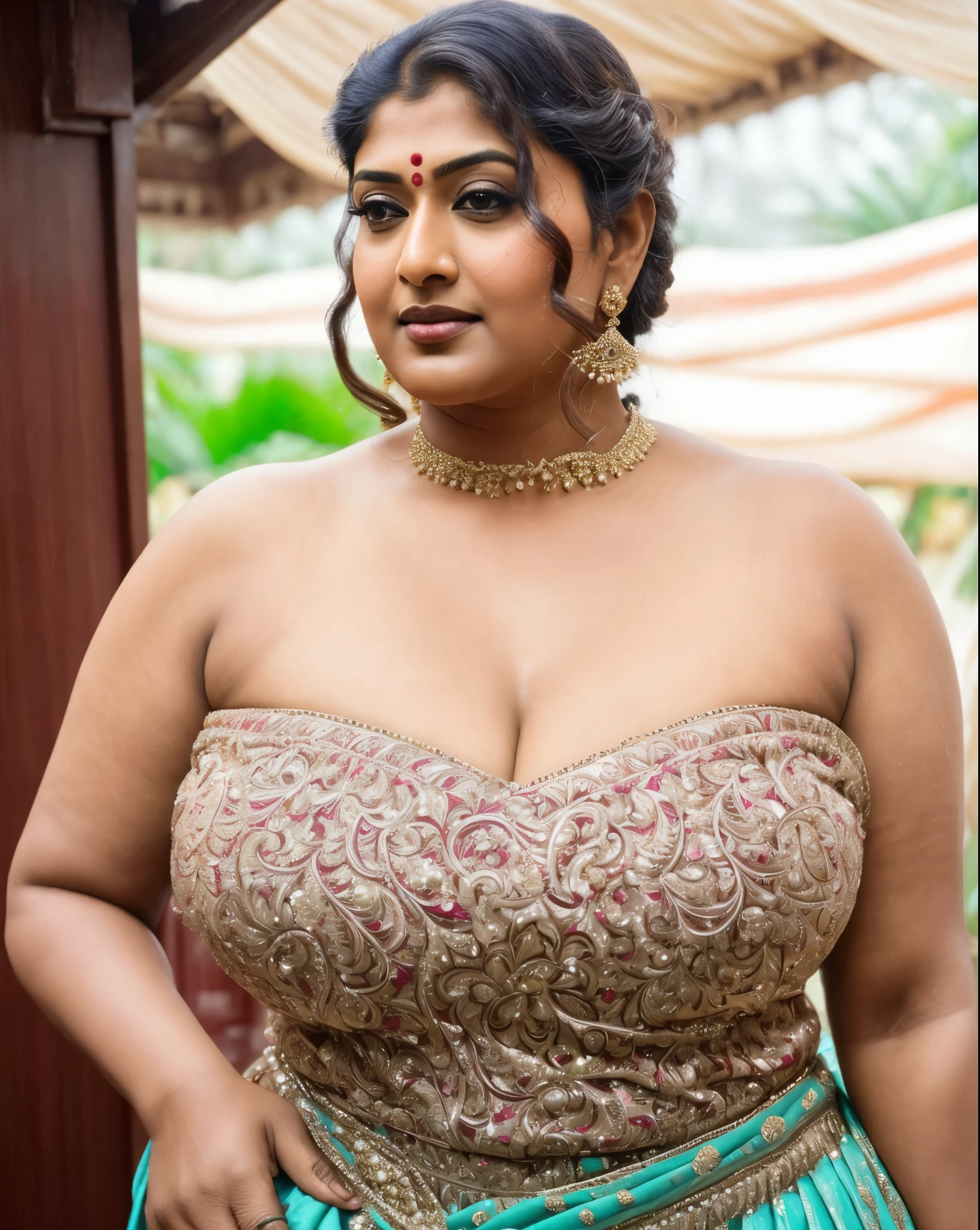 Anusha hot cleavage photos in blue dress - SeaArt AI