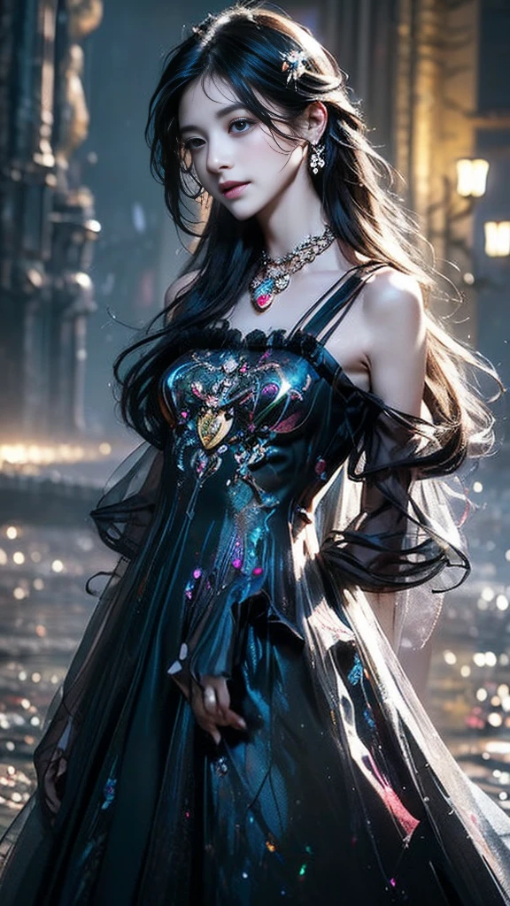 8K, ultra hd, masterpiece, 1 girl, (innocent face:1.4), detailed eyes, very long hair, impressive hairstyle, earings, necklace, small breasts, (black dress:1.5), (fantasy dress:1.5) Light-colored foundation brings out the transparency of the skin, (in the wonderland:1.5), mystery, diwali lights, glowing lights, very decoration, The lights falls like water, perfect body,