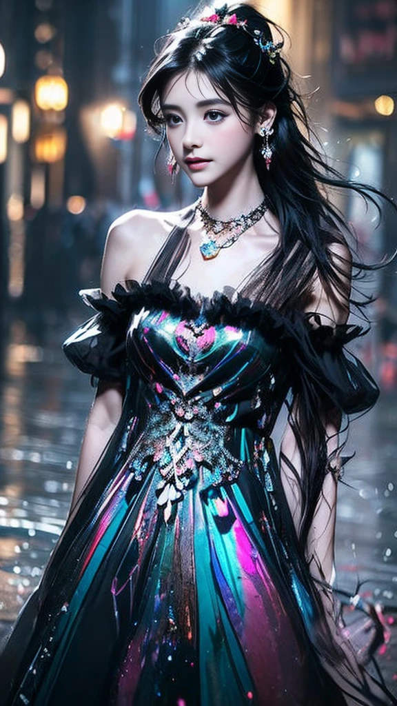 8K, ultra hd, masterpiece, 1 girl, (innocent face:1.4), detailed eyes, very long hair, impressive hairstyle, earings, necklace, small breasts, (black dress:1.5), (fantasy dress:1.5) Light-colored foundation brings out the transparency of the skin, (in the wonderland:1.5), mystery, diwali lights, glowing lights, very decoration, The lights falls like water, perfect body,
