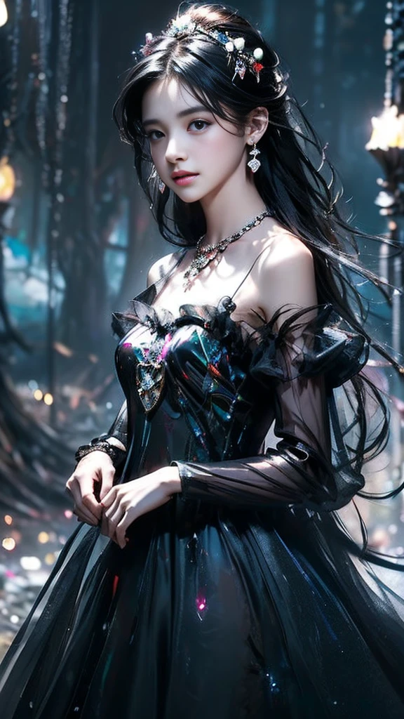 8K, ultra hd, masterpiece, 1 girl, (innocent face:1.4), detailed eyes, very long hair, impressive hairstyle, earings, necklace, small breasts, (black dress:1.5), (fantasy dress:1.5) Light-colored foundation brings out the transparency of the skin, (in the wonderland:1.5), mystery, diwali lights, glowing lights, very decoration, The lights falls like water, perfect body,