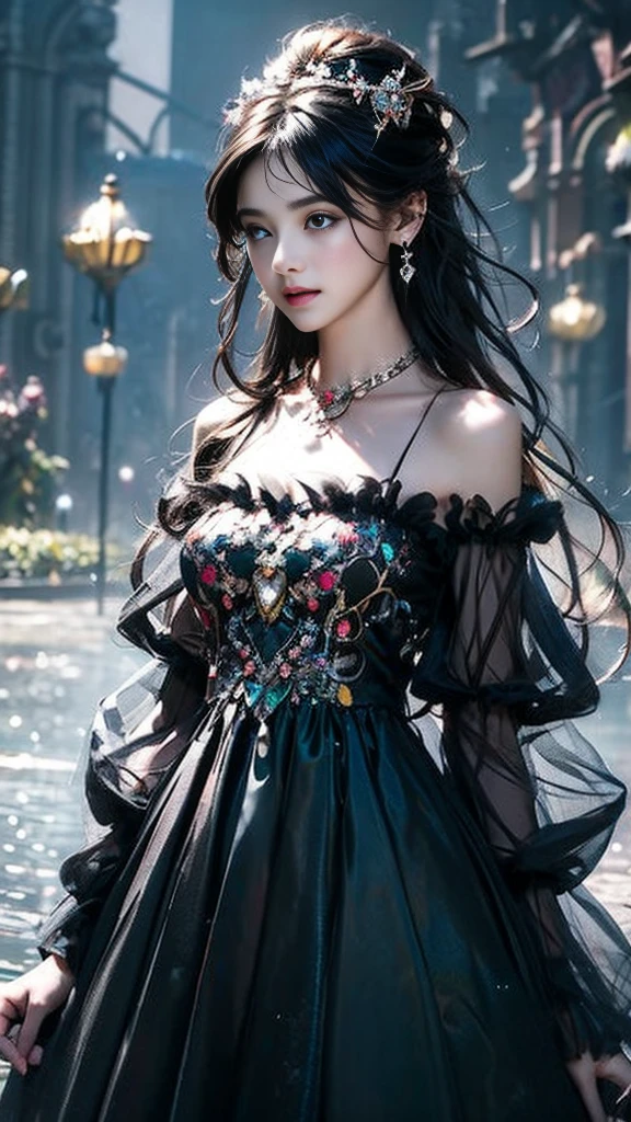 8K, ultra hd, masterpiece, 1 girl, (innocent face:1.4), detailed eyes, very long hair,soft makeup, impressive hairstyle, earings, necklace, medium breasts, (black dress:1.5), (fantasy dress:1.5) Light-colored foundation brings out the transparency of the skin, (in the wonderland:1.5), mystery, diwali lights, glowing lights, very decoration, The lights falls like water, perfect body,