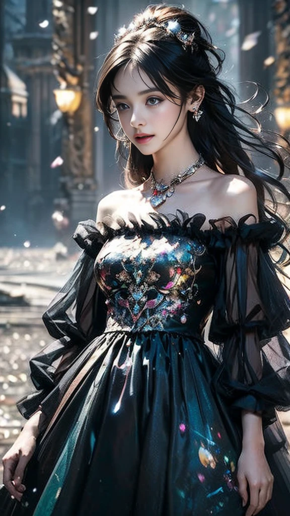 8K, ultra hd, masterpiece, 1 girl, (innocent face:1.4), detailed eyes, very long hair,soft makeup, impressive hairstyle, earings, necklace, medium breasts, (black dress:1.5), (fantasy dress:1.5) Light-colored foundation brings out the transparency of the skin, (in the wonderland:1.5), mystery, diwali lights, glowing lights, very decoration, The lights falls like water, perfect body,