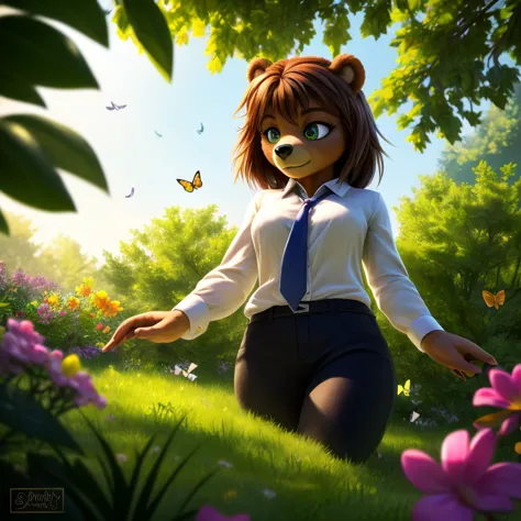 (bear girl mobian:1.3),brown fur,brown hair,green eyes,white shirt,black pants,pink tie,female mobian,buttoned shirt,dominant fe...