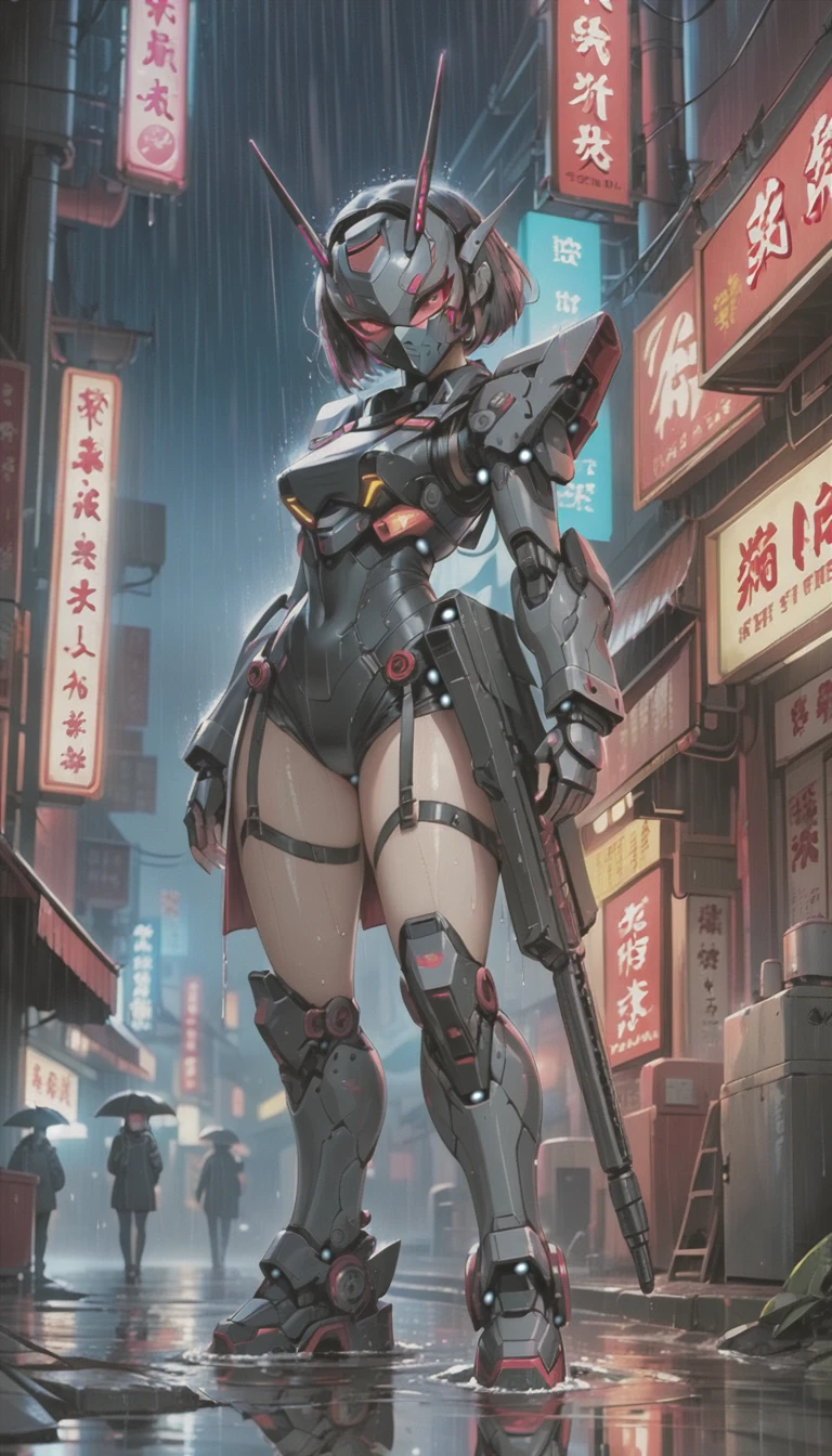 ciberpunk，niña bonita，Beto，sangre en la cara，Señal de neón，barrio chino de noche，Señal de neón，misceláneas，Lluvia nocturna，Mójate bajo la lluvia，Reflejado en un charco，Mecha Armament，railgun，Máscara como Casshern，ojos rojos brillando，Como el fin del siglo，