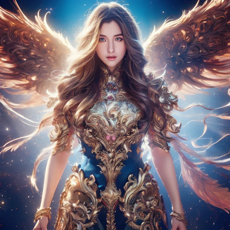 (Detailed CG illustration、digital art:1.4),Winged female, saint, huge long hair, brown hair, huge brown feathers, blue long dress, pale skin, blue eyes, Illuminate the eyes, rosy cheeks, spirit hole, lighting aura, gold bracelet, gold sword , Backlight, sun, river, saint, Front view of the body, Angel from heaven、(((full body shot)))