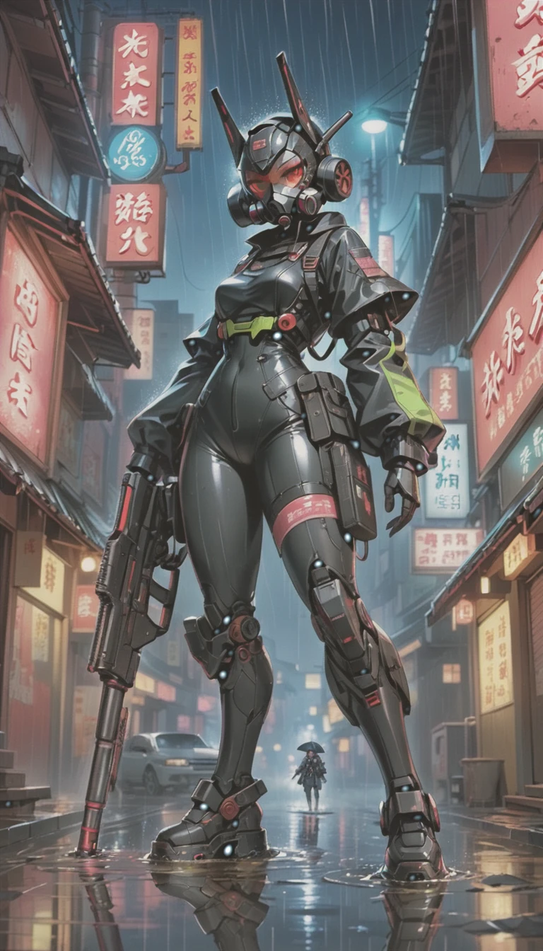 cyber punk，Cute Armed Girl，bob，Blood on the face，neon sign，Chinatown at night，neon sign，miscellaneous，night rain，get wet in the rain，Reflected in a puddle，A mecha-like townscape，雑居ビルにneon sign，night town，railgun，A gas mask like Casshern，Red eyes glowing，end of the century，Make the neon shine brightly，Overall dark