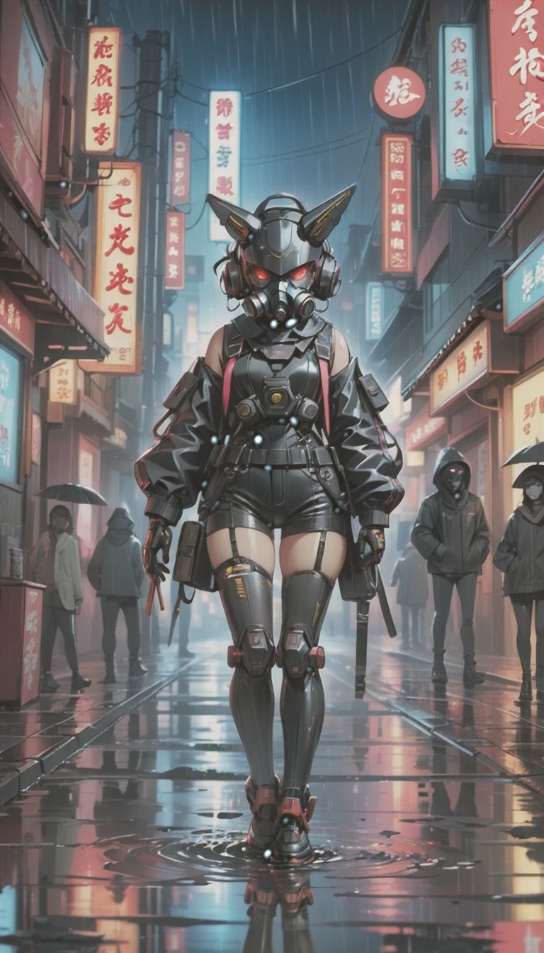 cyber punk，Cute Armed Girl，bob，Blood on the face，neon sign，Chinatown at night，neon sign，miscellaneous，night rain，get wet in the rain，Reflected in a puddle，A mecha-like townscape，雑居ビルにneon sign，night town，railgun，A gas mask like Casshern，Red eyes glowing，end of the century，Make the neon shine brightly，Overall dark