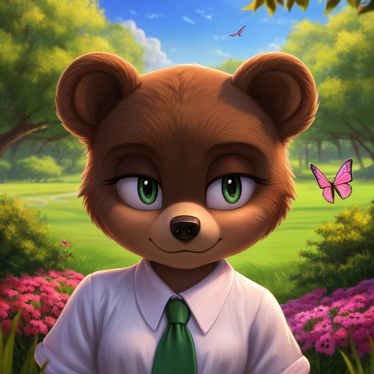 (bear girl mobian:1.3),brown fur,brown hair,green eyes,white shirt,black pants,pink tie,female mobian,buttoned shirt,dominant female,female mobian,(best quality,4k,8k,highres,masterpiece:1.2),ultra-detailed,(realistic,photorealistic,photo-realistic:1.37),portraits,vivid colors,lush green garden,soft sunlight,subtle shadows,peaceful atmosphere,vibrant flowers,butterflies flying around,birds singing in the background,gentle breeze,quietude and serenity.