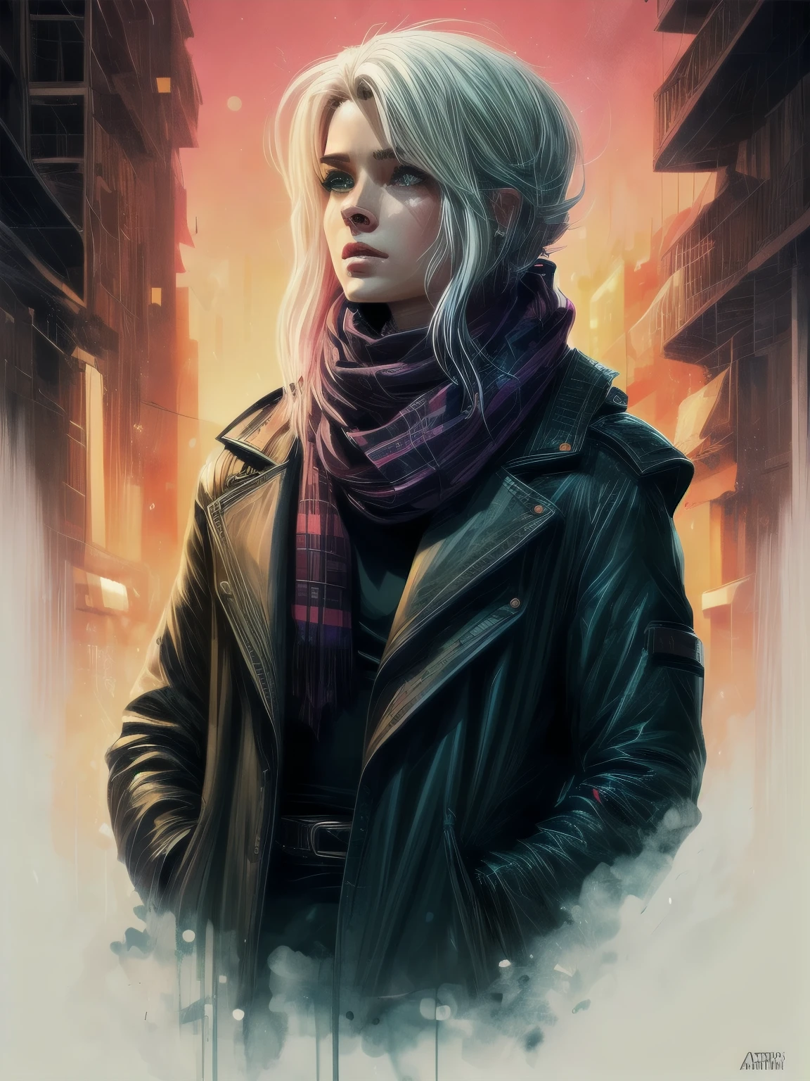 highly detailed portrait of halo, blue eyes, tartan scarf, white hair by atey ghailan, by greg rutkowski, by greg tocchini, by james gilleard, by joe fenton, by kaethe butcher, gradient yellow, black, brown and magenta color scheme, grunge aesthetic!!! graffiti tag wall background